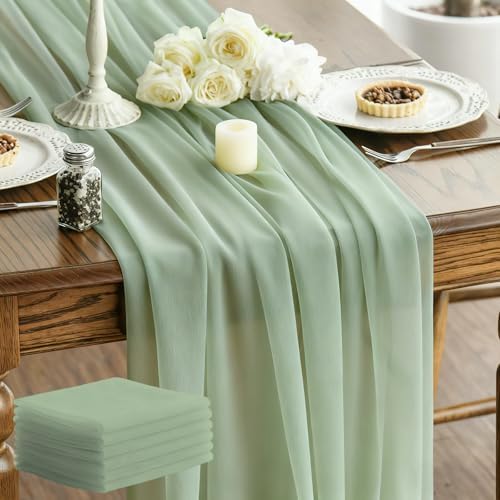 Sheer Chiffon Table Runner 35x120 Inches, Green 6 Pack by LINNUO+HOURSE