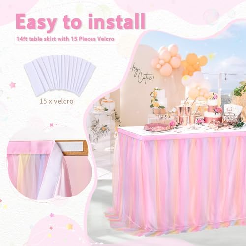 QueenDream Pink Tutu Table Skirts 14ft Colorful Tulle Table Skirt for Rectangle Tables for Baby Shower Birthday Party Wedding Decorations - Image 3