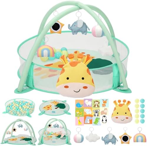 7-in-1 XL Large Baby Play Gym Mat, Tummy Time Mat, Baby Gym & Ball Pit, Baby Activity Mat with Milestone Cards & 6 Detachable Toys for Sensory Motor Skill, Giraffe by Unknown