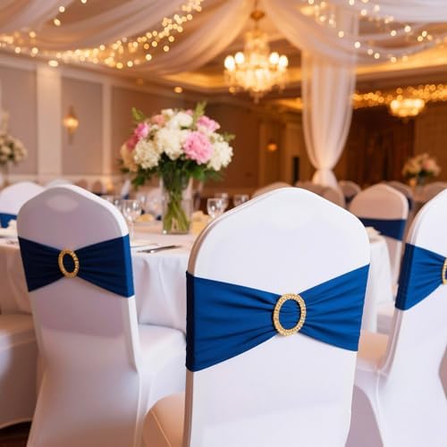 Pack of 50 Royal Blue Chair Sashes with Gold Buckles Chair Bands Bows - Image 2
