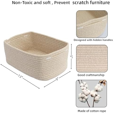XUANGUO Small Woven Storage Baskets for Shelves, 13" x 9" x 5", Oatmeal - Image 2