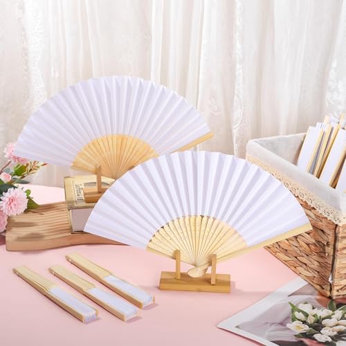Aodaer 150 Pcs White Wedding Fans Paper Folding Fans with Storage Basket - Image 5