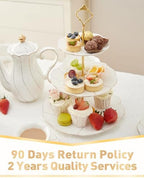 DUJUST Luxury Porcelain 3-Tier Cupcake Stand Tower, British Style Serving Tray with Golden Trim, Food Grade Dessert Display Stand, Beautiful Gift for Tea Party & Home Décor - Image 6