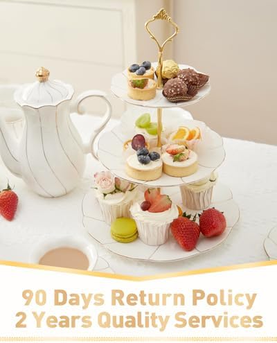 DUJUST Luxury Porcelain 3-Tier Cupcake Stand Tower, British Style Serving Tray with Golden Trim, Food Grade Dessert Display Stand, Beautiful Gift for Tea Party & Home Décor - Image 6