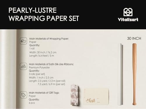 Vitalizart White Wrapping Paper Set 30" Pearly-Lustre Ribbons & Gift Tags - Image 2