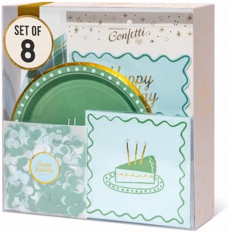 Birthday Party Celebration, Stylish Tableware Set for 8 Guests – Blue/Green by EmergencyConfetti