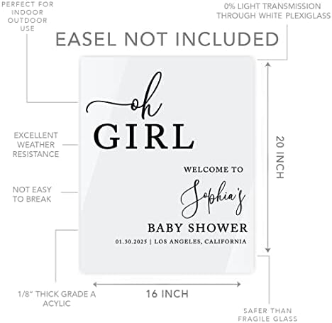 Andaz Press 16"x20" White Acrylic Personalized Baby Shower Welcome Sign, Gender Neutral Large Custom Sign for Easel Stand, Oh Girl Baby Shower Decorations - Image 5