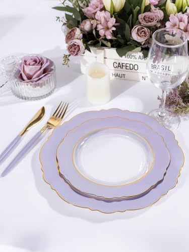 WDF 60pcs Clear Purple Plates Disposable with Gold Rim - Baroque Lavender Purple Plastic Plates for Party/Wedding/Bridal Shower - Image 3