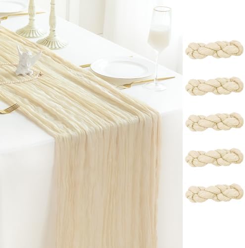 Sioloc 5 Pack Beige Cheesecloth Table Runner 120'' x 35'',Spring Easter Decor Soft Gauze Boho Wedding Table Decor for 10ft Table Birthday Party,Baby Shower, Bridal Shower, Home & Event Decor by HEALTHYCOMFORTLIFE