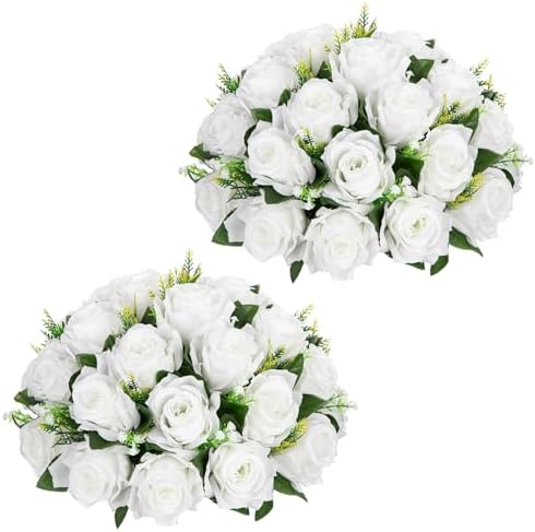 Briful Fake Floral Balls for Centerpieces - 2PCS 11.8" Large Faux Rose Flower Arrangement Silk Flower Bouquet for Home Wedding Party Anniversary Table Vase Flower Stand Decor(White) by Briful