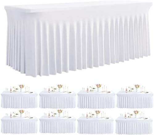 Spandex Tablecloth 8FT Rectangle Table Cover 8 Pack White Wrinkle-Free by Outpain
