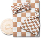 Miaoberry 100% Organic Muslin Swaddle Set| Checkered in Coffee Latte 47 * 47 with Hat,Bow and Arrival Card - Image 5