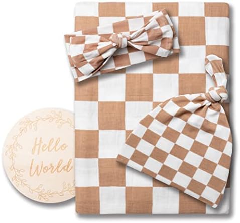 Miaoberry 100% Organic Muslin Swaddle Set| Checkered in Coffee Latte 47 * 47 with Hat,Bow and Arrival Card - Image 5