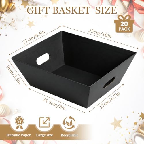 AFOROEOA 20 Pack Black Gift Baskets Empty, 10x8 Thick Paper Basket with 20 Clear Bags and 20 Pull Bows, Black Empty Gift Baskets for Halloween Corporate Birthday Wedding Luxury Bulk Wrapping - Image 2