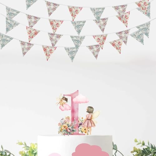 Zwiebeco 32Ft Vintage Flowers Fabric Pennant Banner Triangle Flags Cotton Retro Floral Bunting Party Decorations for Birthday Engagement Wedding Baby Shower Spring Rustic Village Home Garden Decor - Image 3