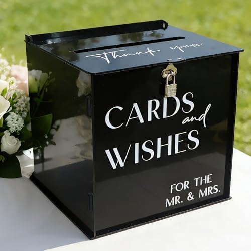 Black Acrylic Card Box with Slot & Lock, Gothic Wedding Card Boxes for Reception, Stylish Money Envelop Gift Cards Box for Party Wedding Engagement Bridal Shower Anniversary Table Decor by SOFARKKTPARTYCARDBOX