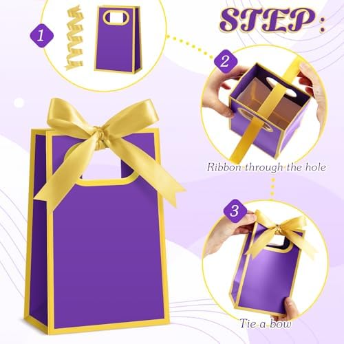 AmazingSpark 50 Pcs Purple Gold Mini Gift Bags Bulk 6.3 x 3.9 x 2.8 Inch Party Favors Elegant Small Gift Bags with Handles and Ribbon Bows for Wedding Birthday Bridal Baby Shower Party Favors - Image 2