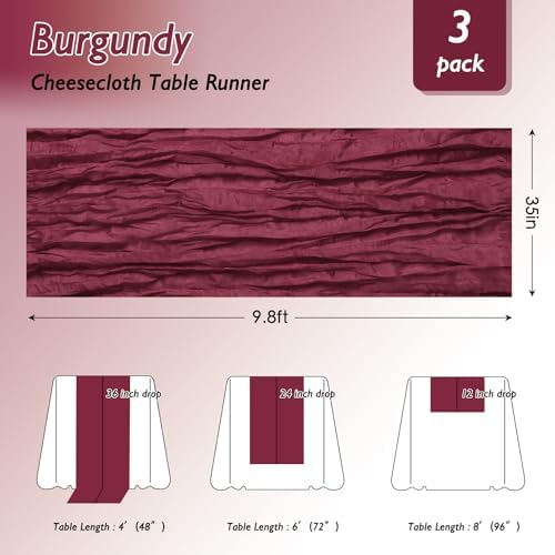 12 Pack Burgundy Red Cheesecloth Table Runner 120 Inch Boho Wedding Decor - Image 2