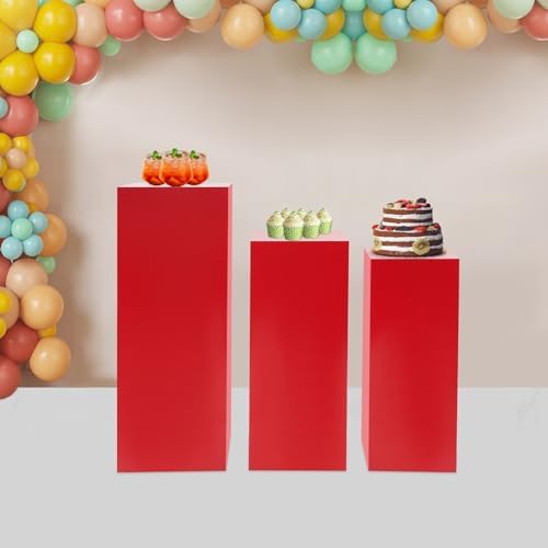 3PCS Square Red Pedestal Stands for Party Metal Pedestal Display Stands Dessert Table Decoration Pillars Cake Pedestal Plant Stands for Party Birthday Wedding Props - Image 4