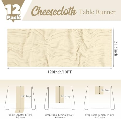 12 Pack Ivory Table Runner 10Ft Cheesecloth Table Runner Rustic Gauze Table Runners Romantic Long Cream Sheer Fabric Cheese Cloth Table Runners for Wedding Party Bridal Baby Shower - Image 2
