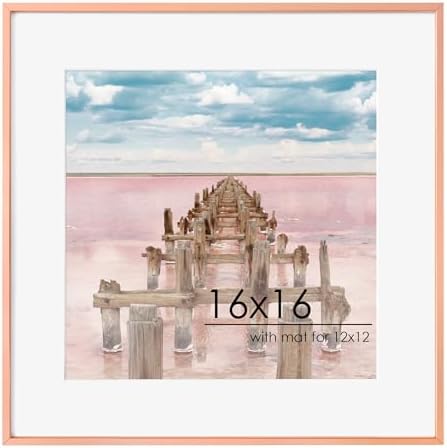 FLYJOE 16x16 Metal Square Picture Frame For Wall With Mat For 12x12, 16''x16'' Aluminum Photo Frames With Tempered Glass, Minimalist Modern Poster Frame Horizontally Vertically, Rose Gold by FLYJOE