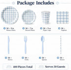 400 Pcs Pcs Blue Gingham Paper Plates and Napkins Set for 50, 9" Dinner Plates & 7" Dessert Plate, Baby Boy Shower Birthday Party - Image 5