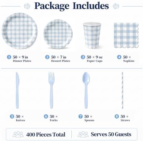 400 Pcs Pcs Blue Gingham Paper Plates and Napkins Set for 50, 9" Dinner Plates & 7" Dessert Plate, Baby Boy Shower Birthday Party - Image 5