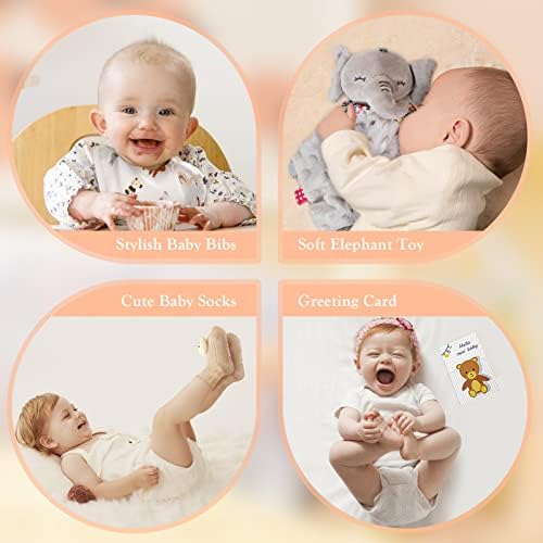 Baby Gift Set for Newborn - 11PCS Baby Shower Gifts Basket with Baby Blanket Baby Rattle, Wooden Keepsake Milestone Elephant Toy Decision Coin & Baby Bibs Socks Essentials for Baby Girls Boys - Image 4