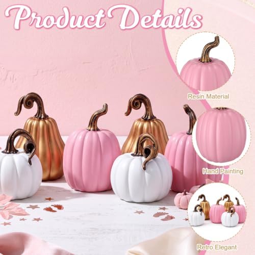 Novabright 6 Pcs Fall Pumpkins Thanksgiving Decor Resin White Pink Gold Pumpkins Small Artificial Harvest Gender Reveal Table Centerpiece Autumn Baby Shower Decor, 4.72 Inch - Image 3