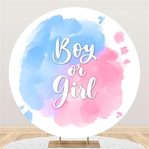 Polyester Diameter 7.5ft Round Boy or Girl Gender Reveal Backdrop Blue and Pink Watercolour Cloud Photography Background He or She Pregnancy Reveal Surprise Party Photoshoot Banner - Image 2
