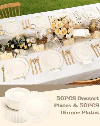 YOUBET 100PCS Ivory Scalloped Plastic Plates for Wedding Party - Image 4