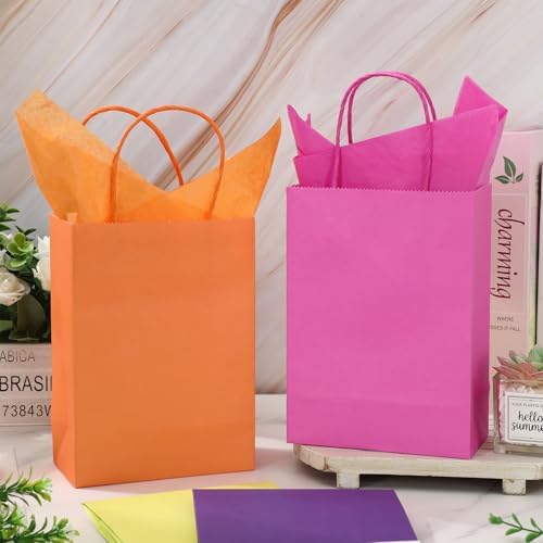 JarThenaAMCS 60Pcs Neon Paper Bags with 60 Sheets Rainbow Tissue Paper Green Orange Purple Pink Yellow Blue Candy Treat Bags with Handles for Birthday Party Favors Supplies - Image 4