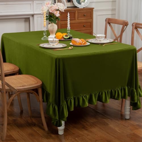 Olive Green Velvet Ruffle Tablecloth, 60 x 84 Inch Rectangular - Image 2
