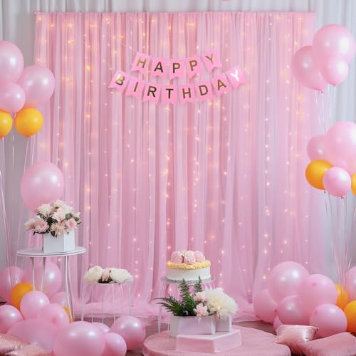 20x10ft Baby Pink Tulle Backdrop Curtain with Lights String for Parites, Sheer Backdrop Curtains for Wedding Baby Shower Birthday Party Photo Shoot Decorations - Image 3