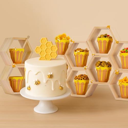 Cinnvoice 12 Set Ceramic Mini Honey Bee Pots with Honeycomb Stand Dippers Bee Charms Cupcake Planter Hexagon Display Holder Honey Party Favors for Baby Shower Guests Wedding Birthday Party Decor - Image 6