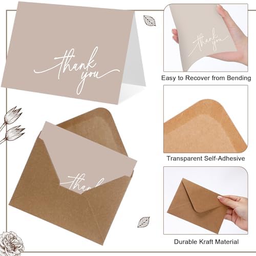 Gueevin 200 Pcs Thank You Cards with Envelopes Stickers, 3.5x5", Khaki - Image 3