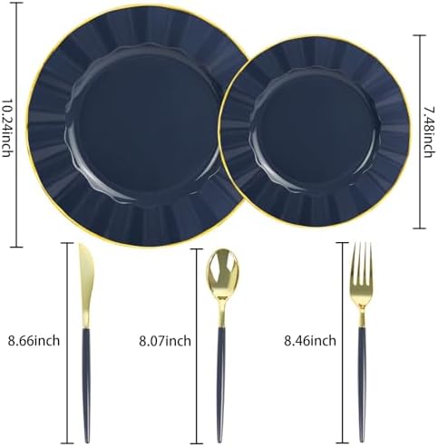 150Pcs Plastic Plates with Gold Rim,Heavy Duty Blue Plates for 30 Guests,Plastic Dinnerware Set Include 30 Dinner Plate,30 Dessert Plate,90 Gold Cutlery Set for Party (Blue) - Image 2