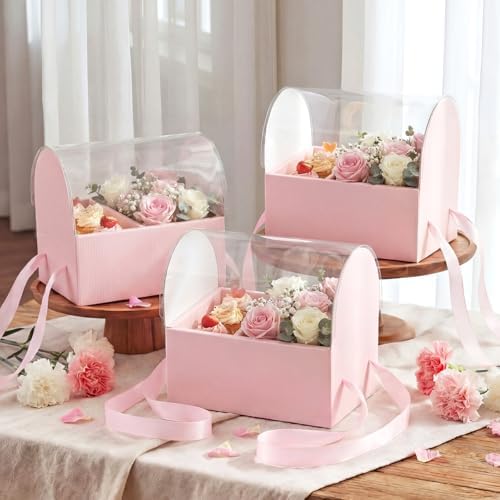 Honeydak 10 Pcs Cake Flower Clear Gift Boxes with Handle 4 in, Pink, Ribbon - Image 5