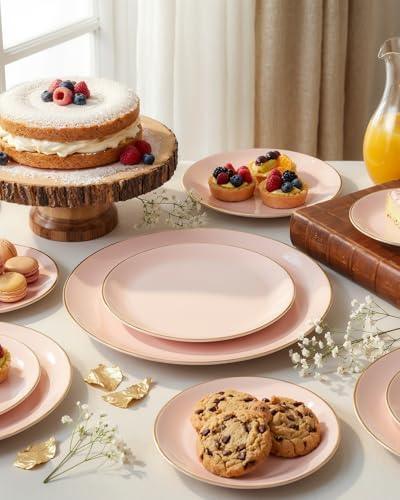 bUCLA 100PCS Pink Plastic Plates - Pink Disposable with Gold Rim - Include 50 Each (10 inch Dinner & 7 inch Dessert) Plates, Ideal for Party, Wedding & Birthday - Image 3