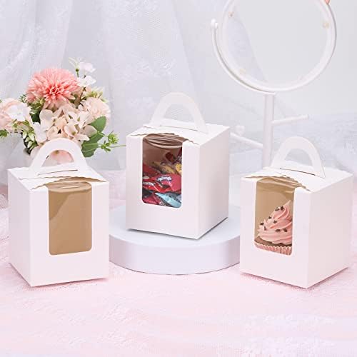 acDesign 100Pcs Cupcake Boxes With Window 3.6in*3.6in*4.3in Cupcake Carrier Individual With Handle and Inserts for Wedding Bakery Wrapping Party Favor Packing(White) - Image 4