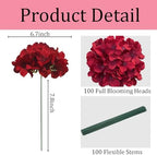 100 Pcs Faux Deep Red Hydrangea Artificial Flowers Bulk, Fake Silk Hydrangea Flowers Heads with Stems for Wedding Decorations Garden Party Baby Shower Porch Home Decor Table Centerpieces - Image 3