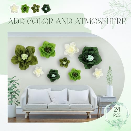Cholemy 24 Pcs Tissue Paper Flowers, Crepe Paper Flowers Decorations 8" 10" 12" for Wedding Party Baby Bridal Shower Carnival Party Birthday Nursery Wall Decor (Green Series) - Image 5