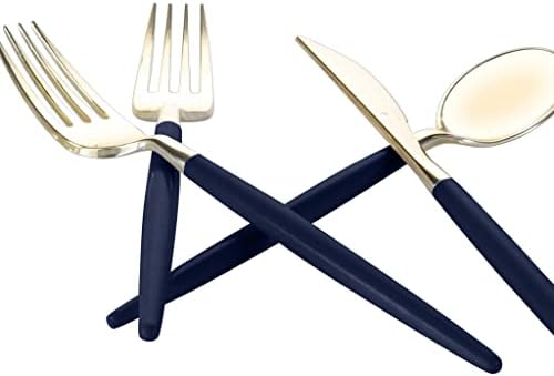 Luxe Party 128 Pieces Two Tone Plastic Disposable Cutlery | Forks-Spoons-Knives | Full Size | Chic Round | Navy and Gold - Image 4