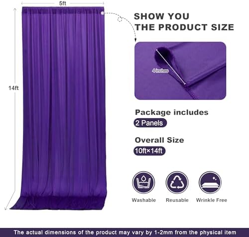 10x14ft Deep Purple Backdrop Curtains for Wedding Party, 2 Panels 14 ft Long Back Drop Cloth, Wrinkle-Free Polyester Drapes for Birthday, Baby Shower, Stage Photography Background - Image 6