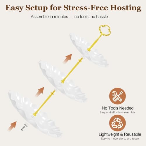 Lzerking Dessert Table Display Set 13PCS, 3-Tier Cupcake Stand Set with Metal Gold Rods, 3 Round & 3 Square Dessert Stands, 4 Serving Trays & 3 Tongs for Wedding Birthday Baby Shower Party Decor - Image 7