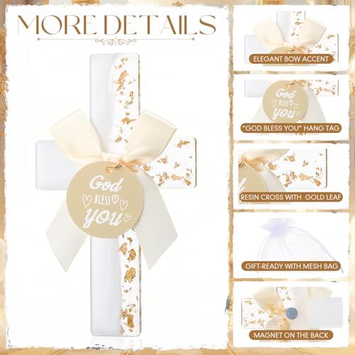 Ripeng 24 Sets Baptism Favors for Guests Bulk First Communion Favors Cross Fridge Magnets Gold Foil Cross with Bow God Bless You Tag Bags Mi Bautizo Recuerdos for Birthday Wedding Church(White) - Image 3