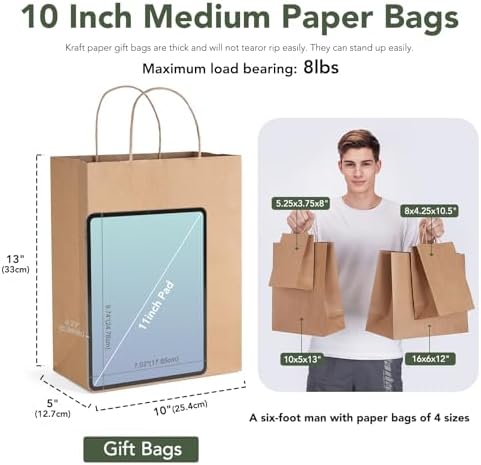 GSSUSA Brown Kraft Paper Gift Bag with Handles, 10x5x13 Bulk Shopping Grocery Paper Bags 200 Pcs, Party Favor Retail Small Business Packaging Mother's Day Merchandise Boutique Wedding Baby Shower - Image 2