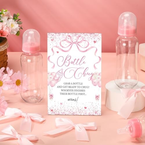 Trelaco 12 Pcs Pink Bow Themed Baby Shower Game Bottle Chug Wooden Sign Set - Image 2