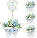 4 Pack Baby Carriage for Baby Shower Centerpiece Table with Wicker Stroller Bottle Bear Cards Rattan Artificial Rose Hydrangea Baby's Breath Floral Card Holder Decoration(Blue&32pcs) by Unknown