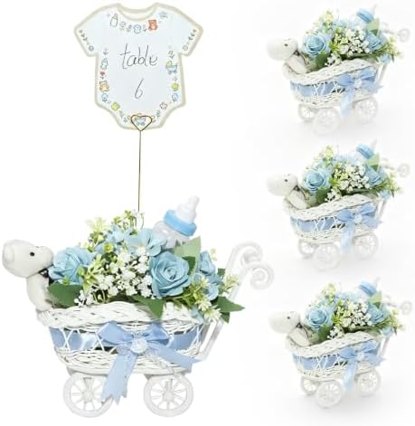 4 Pack Baby Carriage for Baby Shower Centerpiece Table with Wicker Stroller Bottle Bear Cards Rattan Artificial Rose Hydrangea Baby's Breath Floral Card Holder Decoration(Blue&32pcs) by Unknown